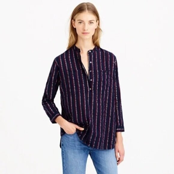 J crew metallic striped 3/4 button popover blouse size 4 - Picture 1 of 8